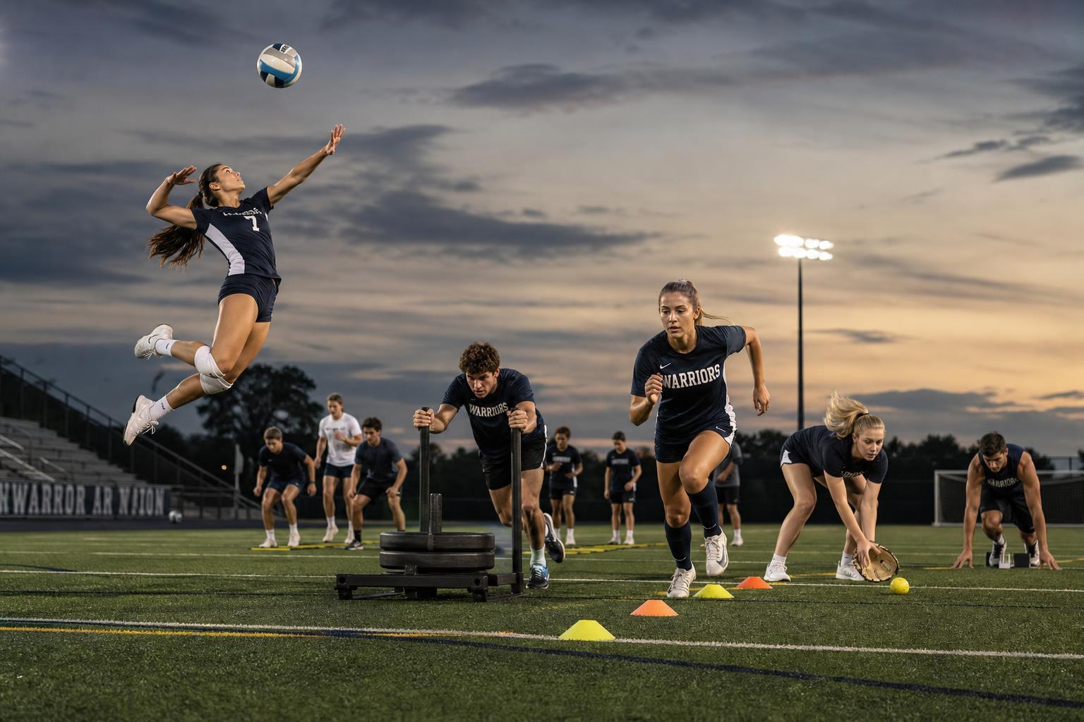 Male and female high school athletes performing sprint, agility, and strength drills during a focused training session
